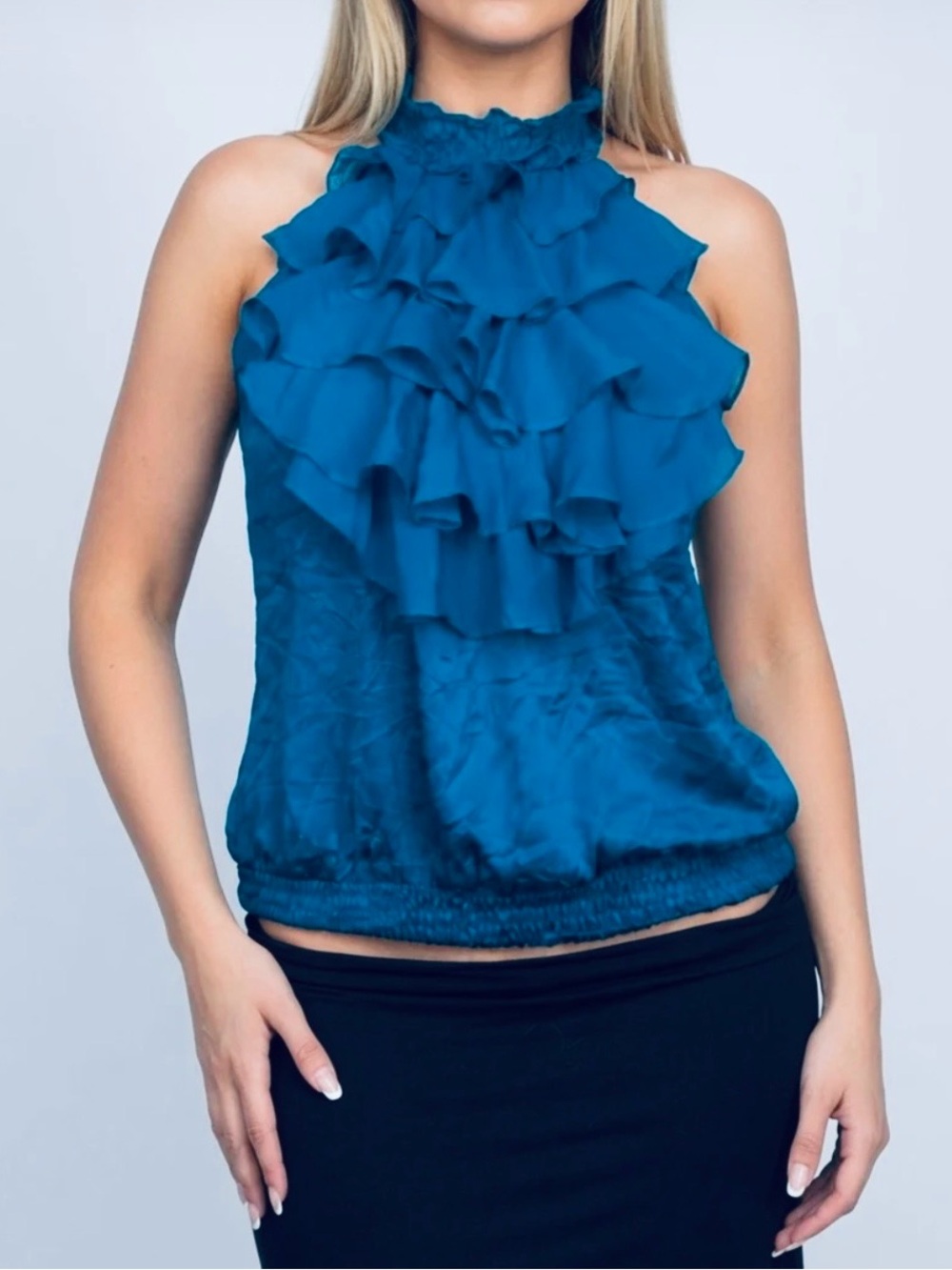 bebe Silk Royal Blue Ruffle Halter Blouse Smock Waistband Shelf Bra Size Small